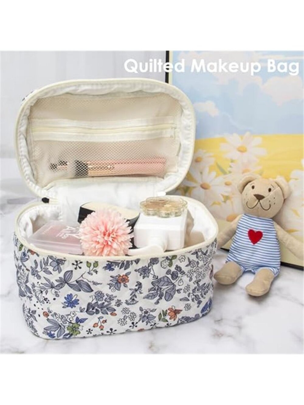 3 Piece Quilted Makeup Bag Set for Women,Cosmetic&Toiletry Bag,Leaf White - Picture 4 of 6
